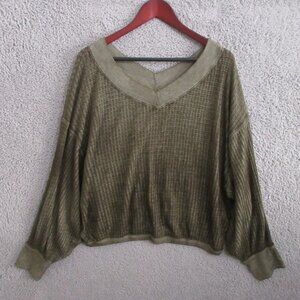 Free People Sweater Womens Medium Green Oversized Thermal Waffle Top We the Free